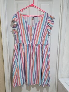 Girls' Multi-Stripe V-Neck Ruffle Sleeve Dress